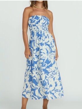 NWT Billabong Strapless Blue White Floral Maxi Midi Hawaiian Dress In the Sky M
